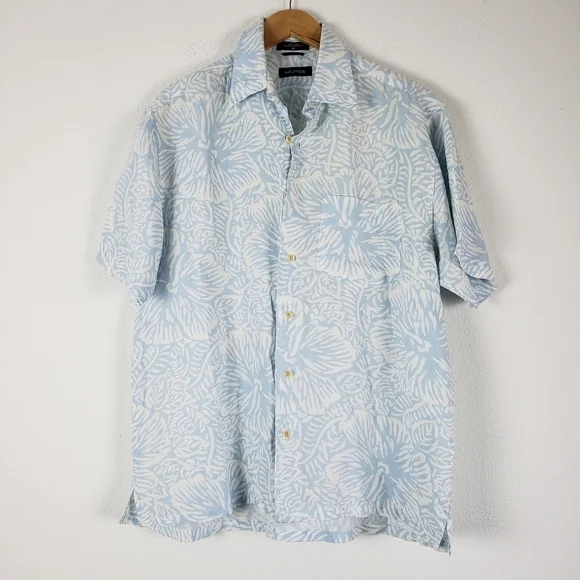 Nautica linen tropical Blue Palm button-down collar top - Picture 5 of 5